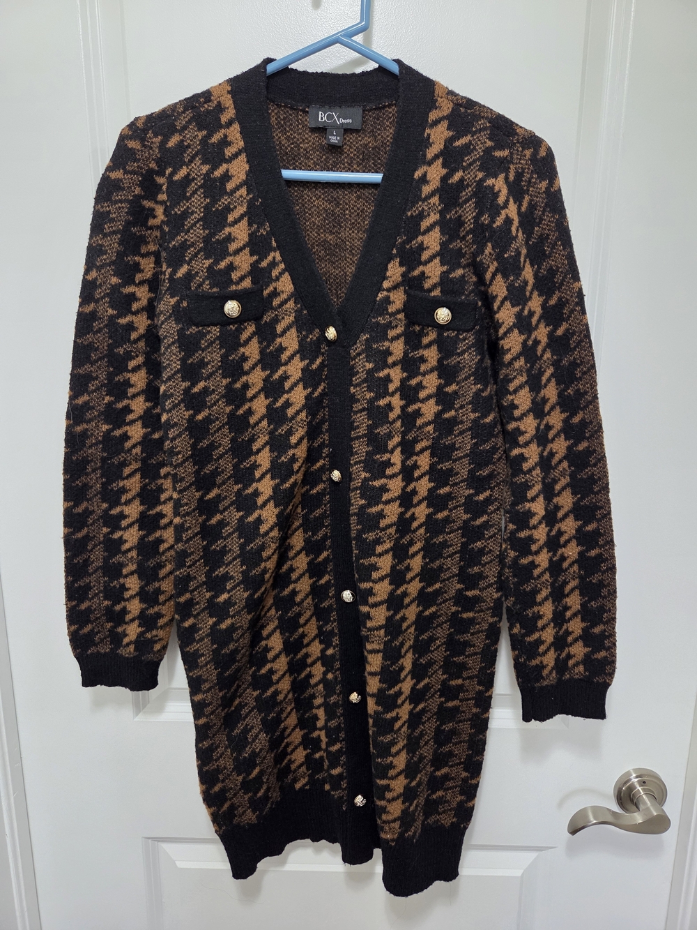 BCX Black and Brown Houndstooth Button-Front Longline Cardigan